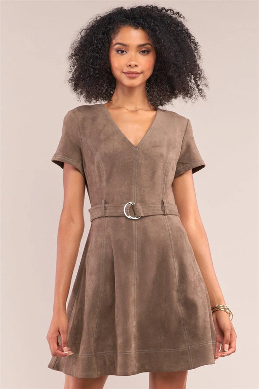 Olive Suede V-Neck Tight Fit D-Ring Buckle Belt Detail Mini Dress - Tasha Apparel Wholesale