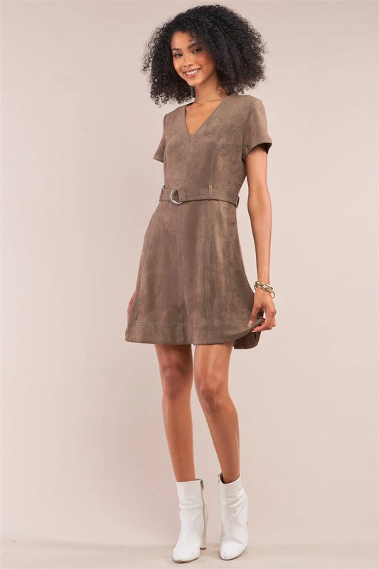 Olive Suede V-Neck Tight Fit D-Ring Buckle Belt Detail Mini Dress /1-2-3 - Tasha Apparel Wholesale