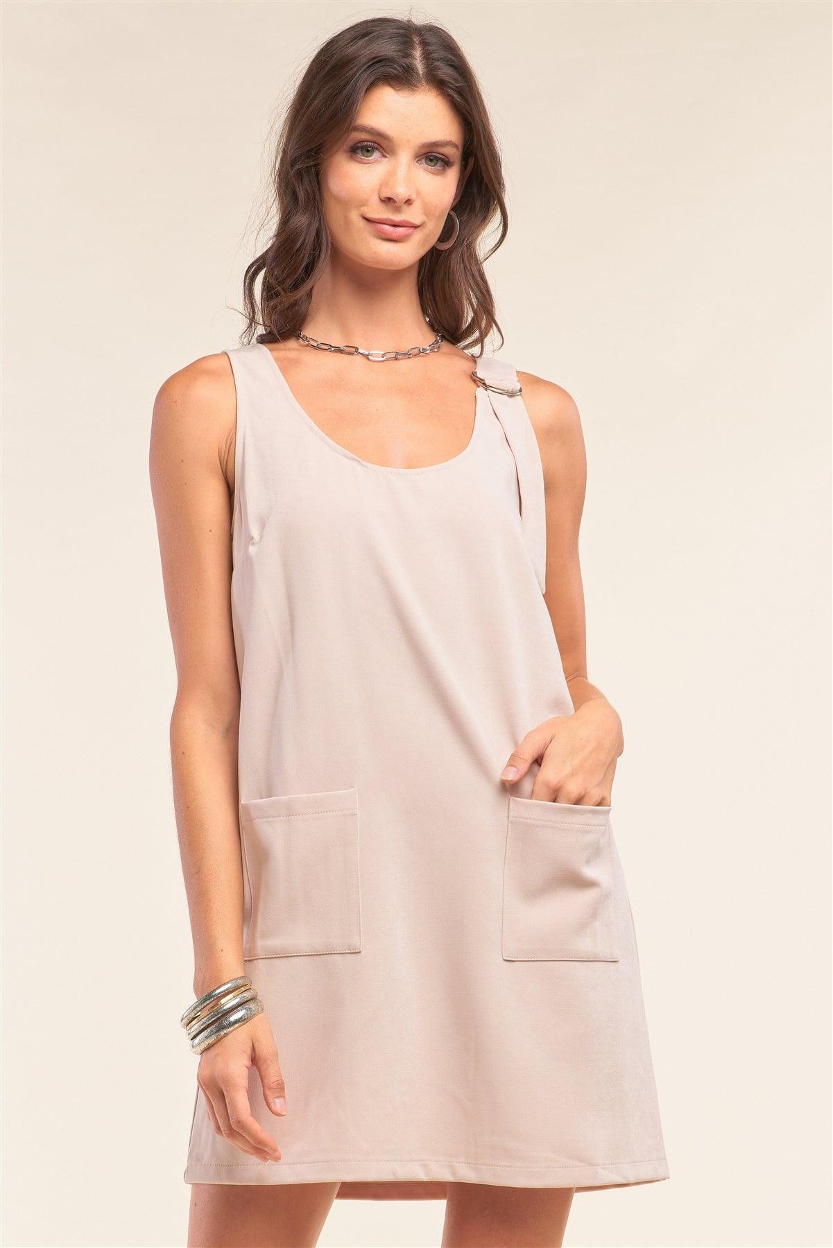 Pastel Nude Sleeveless Scoop Neck D-Ring Strap Detail Front Pockets Tube Mini Dress /3-3
