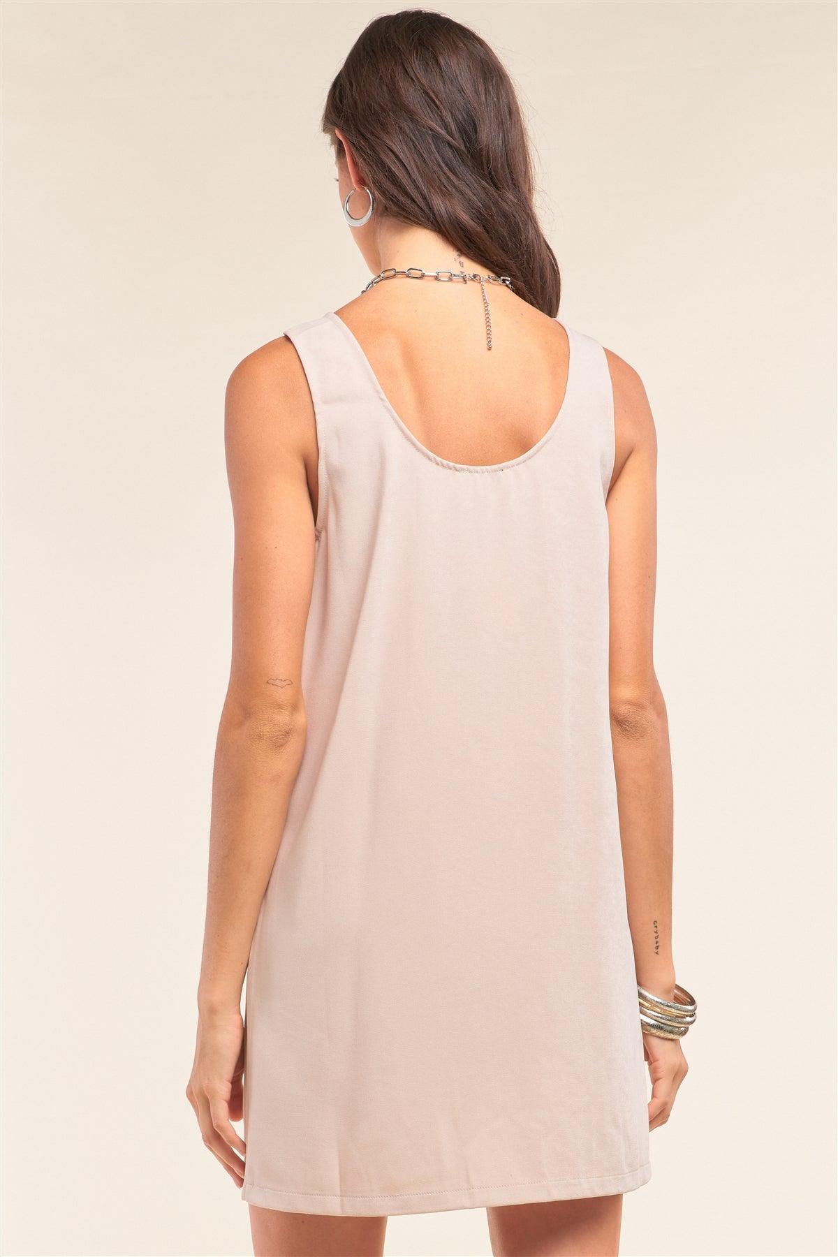 Pastel Nude Sleeveless Scoop Neck D-Ring Strap Detail Front Pockets Tube Mini Dress /3-3