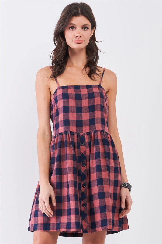 Buffalo Plaid Square Neck Button Down Mini Dress - Tasha Apparel Wholesale