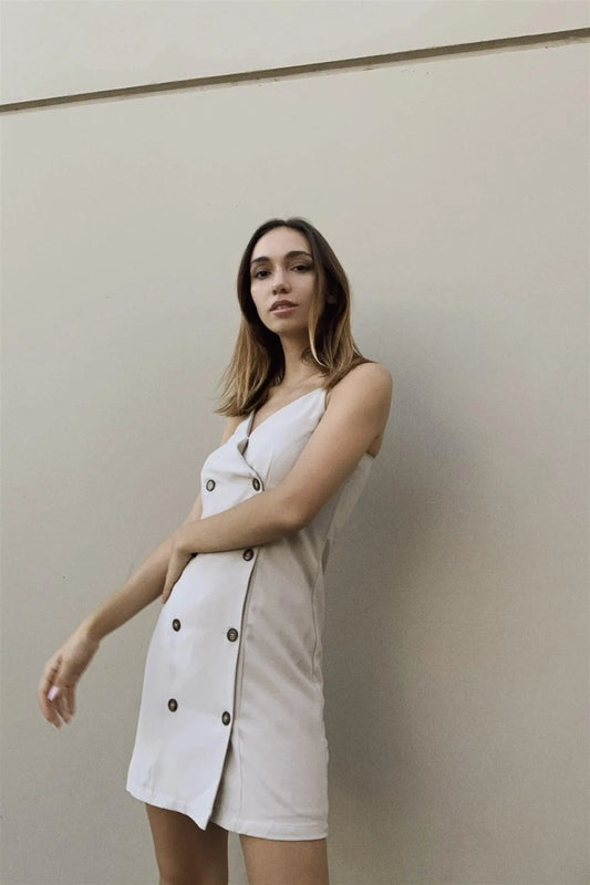 Taupe Sleeveless V-Neck Front Buttoned Down Relaxed Fit Mini Dress - Tasha Apparel Wholesale