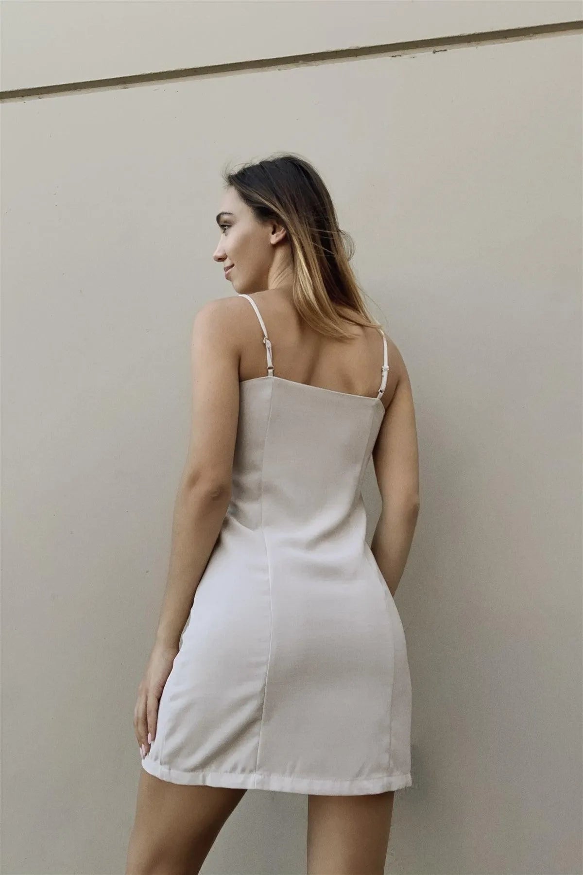 Taupe Sleeveless V-Neck Front Buttoned Down Relaxed Fit Mini Dress - Tasha Apparel Wholesale