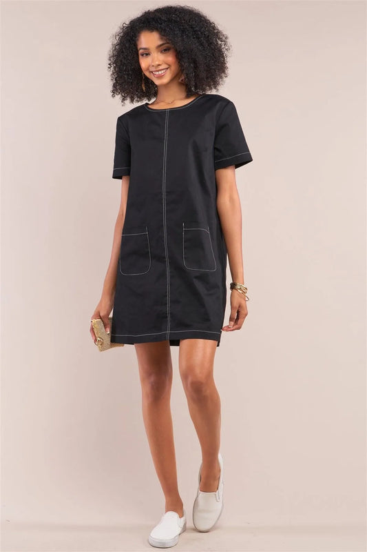 Black Short Sleeve Crew Neck Front Pocket Shift Mini Dress /1-2-2-1 - Tasha Apparel Wholesale