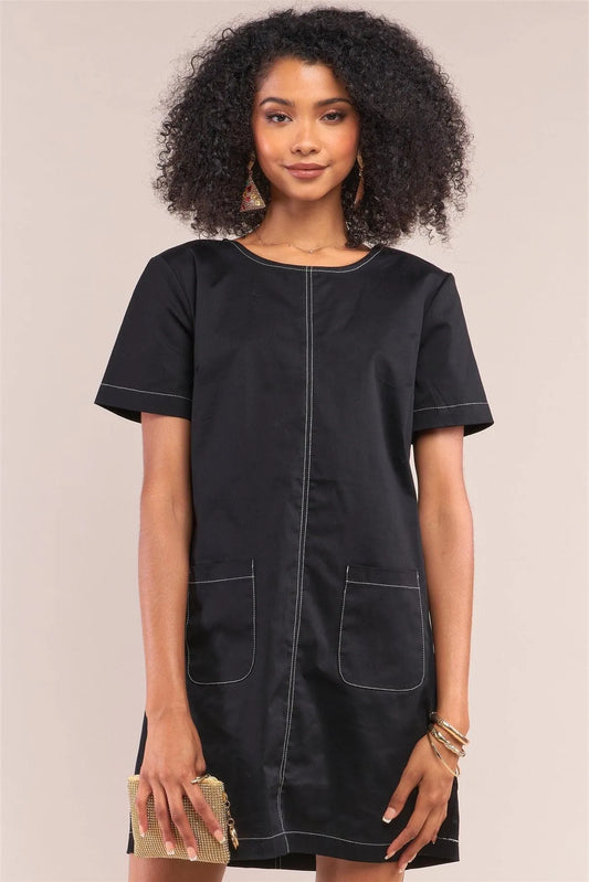 Black Short Sleeve Crew Neck Front Pocket Shift Mini Dress /1-2-1-2 - Tasha Apparel Wholesale