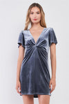 Dusty Blue Velvet Short Sleeve Deep Plunge V-Neck Twisted Front Detail Mini Dress /1-2-2-1