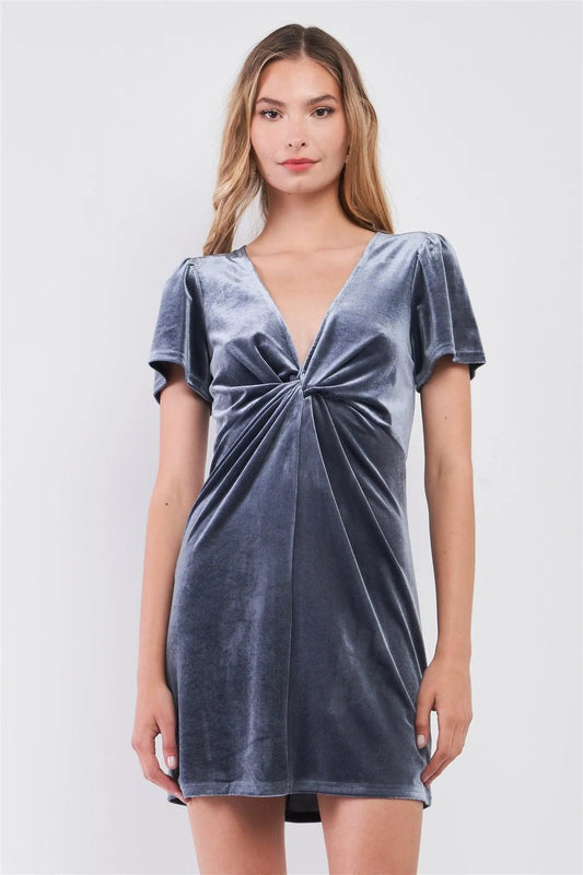 Dusty Blue Velvet Short Sleeve Deep Plunge V-Neck Twisted Front Detail Mini Dress /1-2-2-1 - Tasha Apparel Wholesale