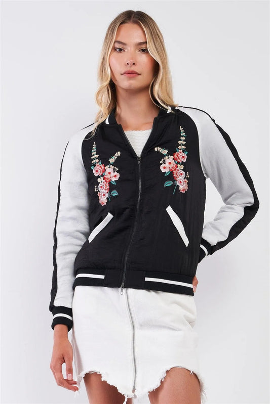 Zarina Vintage Black & White Floral Embroidery Trim Bomber Jacket /1-2-1-2 - Tasha Apparel Wholesale
