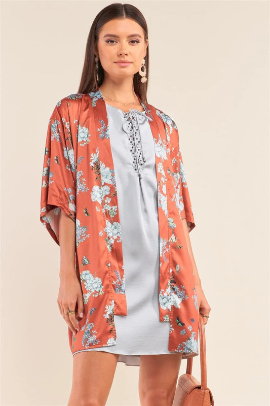 Orange Multicolor Satin Floral Open Front Dolman Sleeve Kimono /3-3 - Tasha Apparel Wholesale