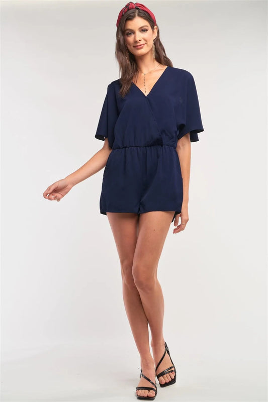 Navy V-Neck Wrap Self-Tie Back Flare Two Side Slip Sleeve Romper /1-2-2-1 - Tasha Apparel Wholesale