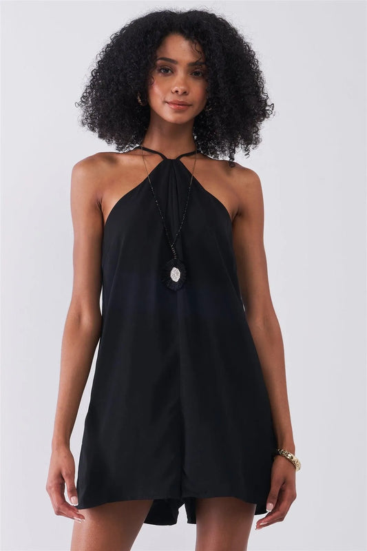 Black Sleeveless High Neck Triangle Shape Relaxed Fit Romper /1-2-1 - Tasha Apparel Wholesale