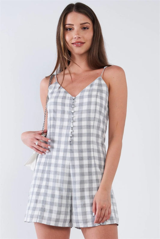 White and Grey Checkered V-Neck Sleeveless Midway Button Down Romper - Tasha Apparel Wholesale