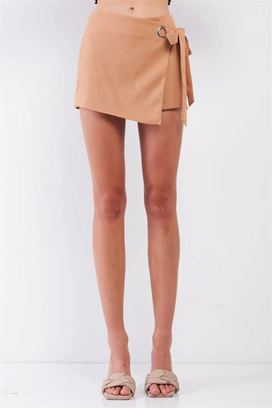 Camel Nude High Waist Self-Tie Wrap Front Key-Hole Detail Mini Skort - Tasha Apparel Wholesale