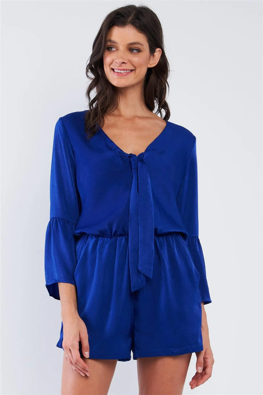 Cobalt Blue Satin Deep Plunge Self-Tie V-Neck Button Down Long Bluebell Sleeve Romper /1-2-2-1 - Tasha Apparel Wholesale