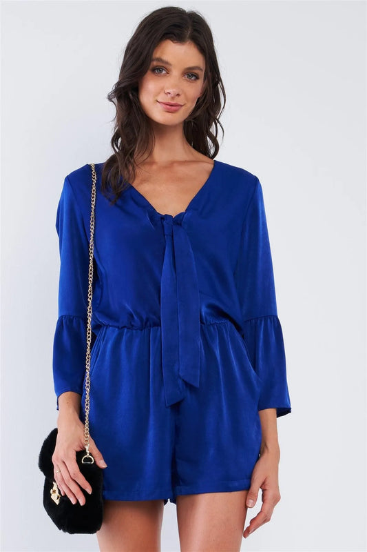 Cobalt Blue Satin Deep Plunge Self-Tie V-Neck Button Down Long Bluebell Sleeve Romper /2-2-2-1 - Tasha Apparel Wholesale