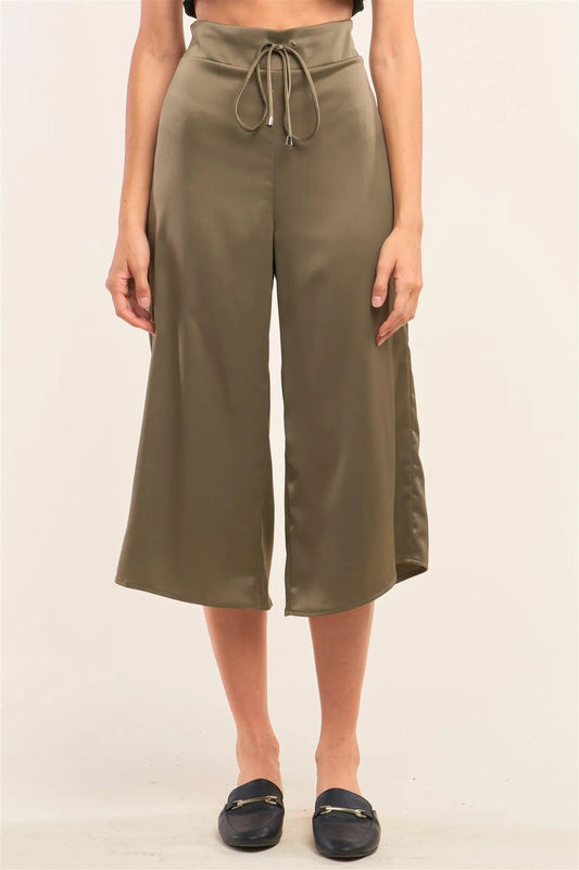 Olive Satin High Waisted Metallic Tip String Tie Flare Capri Pants /1-2-2-1 - Tasha Apparel Wholesale