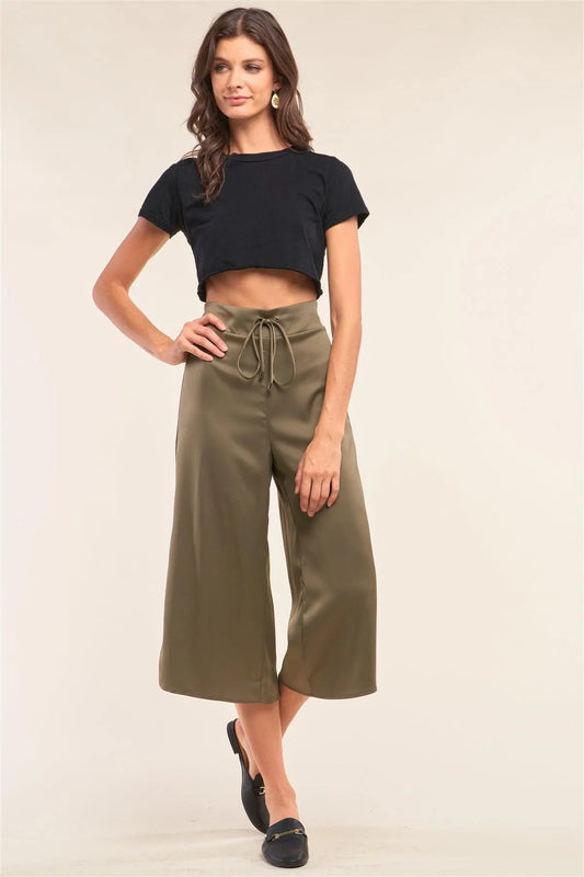 Olive Satin High Waisted Metallic Tip String Tie Flare Capri Pants /1-3-3 - Tasha Apparel Wholesale