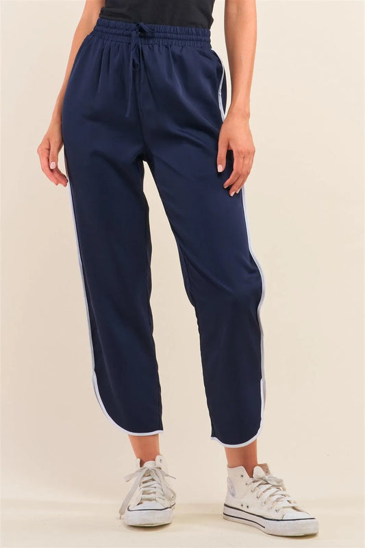 Navy Blue Self-Tie High Waist Asymmetrical Hem Joggers With Front Pockets /1-2-2-1 - Tasha Apparel Wholesale