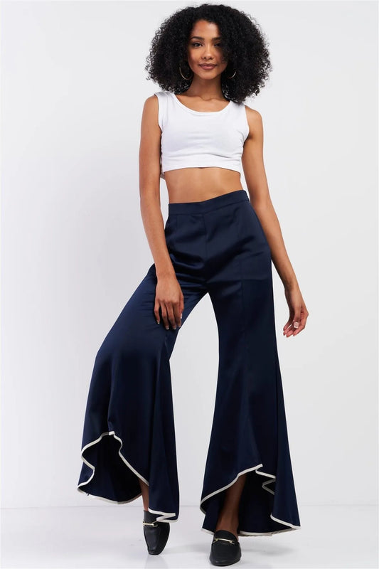 Navy Satin High Waisted Retro Flare Asymmetrical White Detail Hem Pants /1-2-2-1 - Tasha Apparel Wholesale
