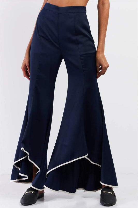 Navy Satin High Waisted Retro Flare Asymmetrical White Detail Hem Pants /3-3 - Tasha Apparel Wholesale
