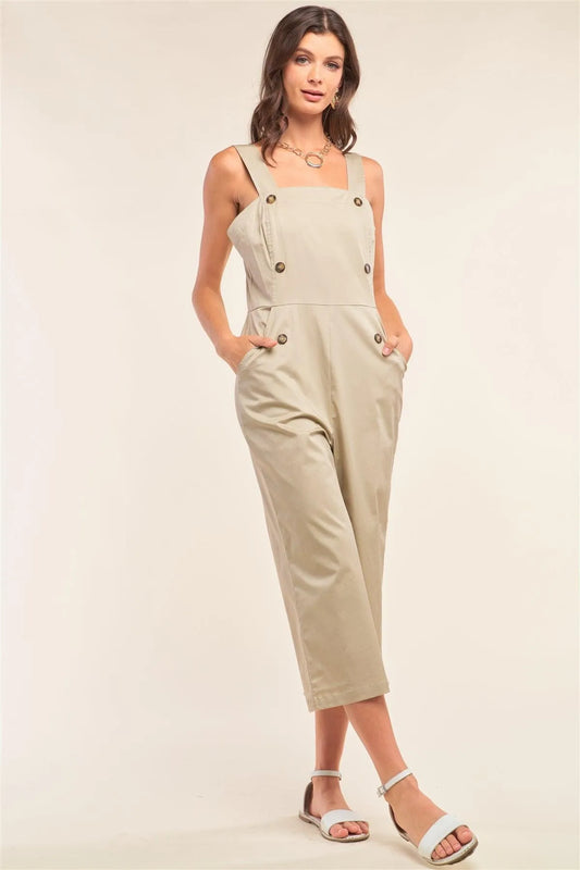 Taupe Button-Front Sleeveless Wide Leg Jumpsuit/1-2-2-1 - Tasha Apparel Wholesale