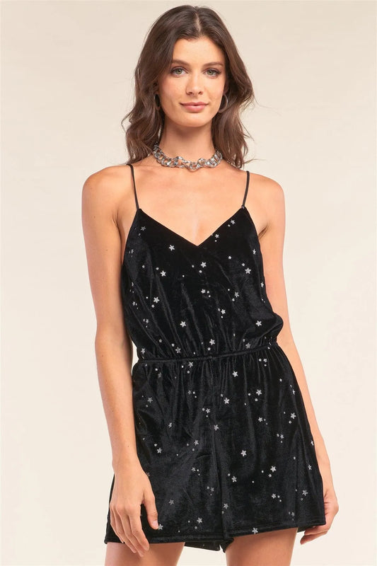 Reach The Stars Black & Silver Velvet Star Print V-Neck Open Back Spaghetti Strap Romper /1-2-2-1 - Tasha Apparel Wholesale