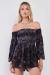 Navy Multi Floral Print Velvet Off-The-Shoulder Long Bell Sleeve Smock Romper /1-2-2-1 - Tasha Apparel Wholesale
