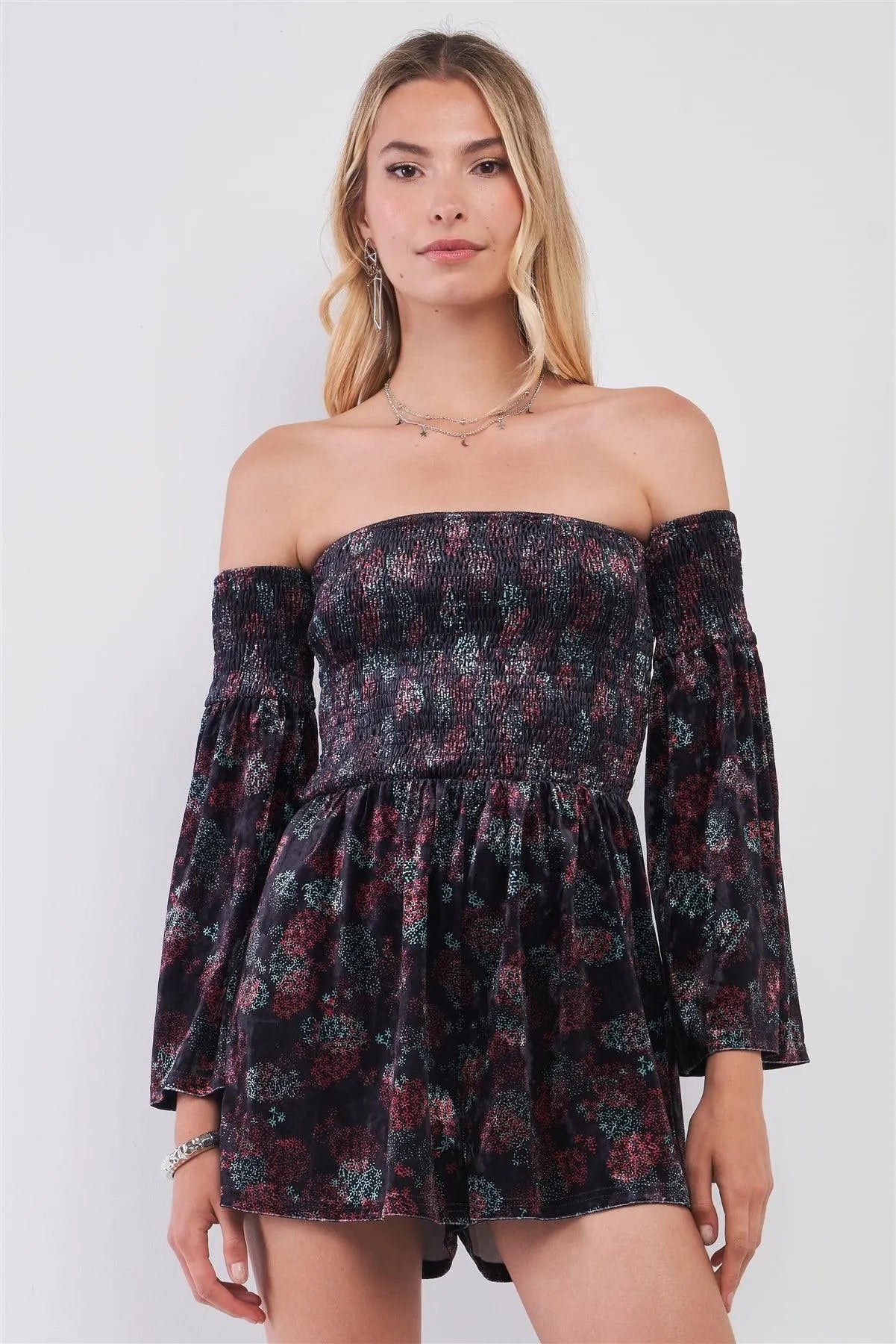Navy Multi Floral Print Velvet Off-The-Shoulder Long Bell Sleeve Smock Romper /1-2-2-1 - Tasha Apparel Wholesale