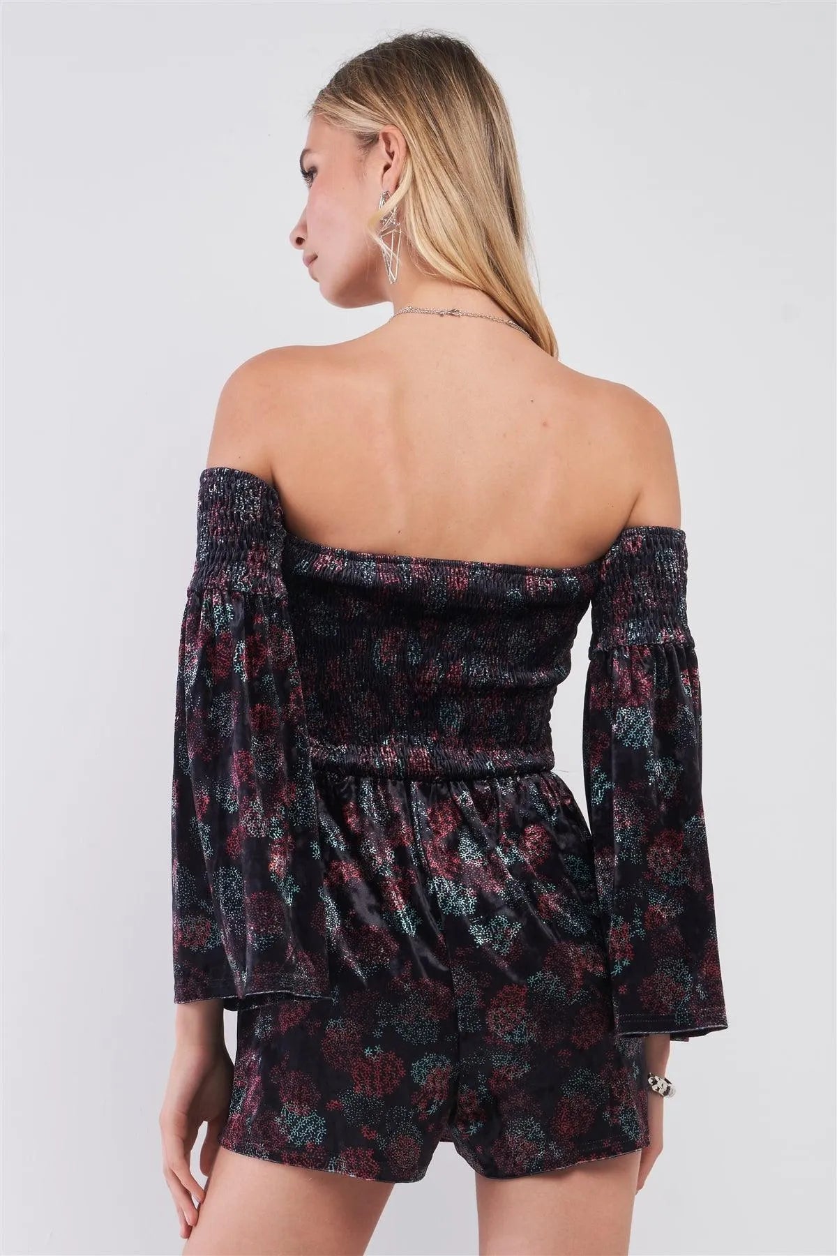 Navy Multi Floral Print Velvet Off-The-Shoulder Long Bell Sleeve Smock Romper /1-2-2-1 - Tasha Apparel Wholesale