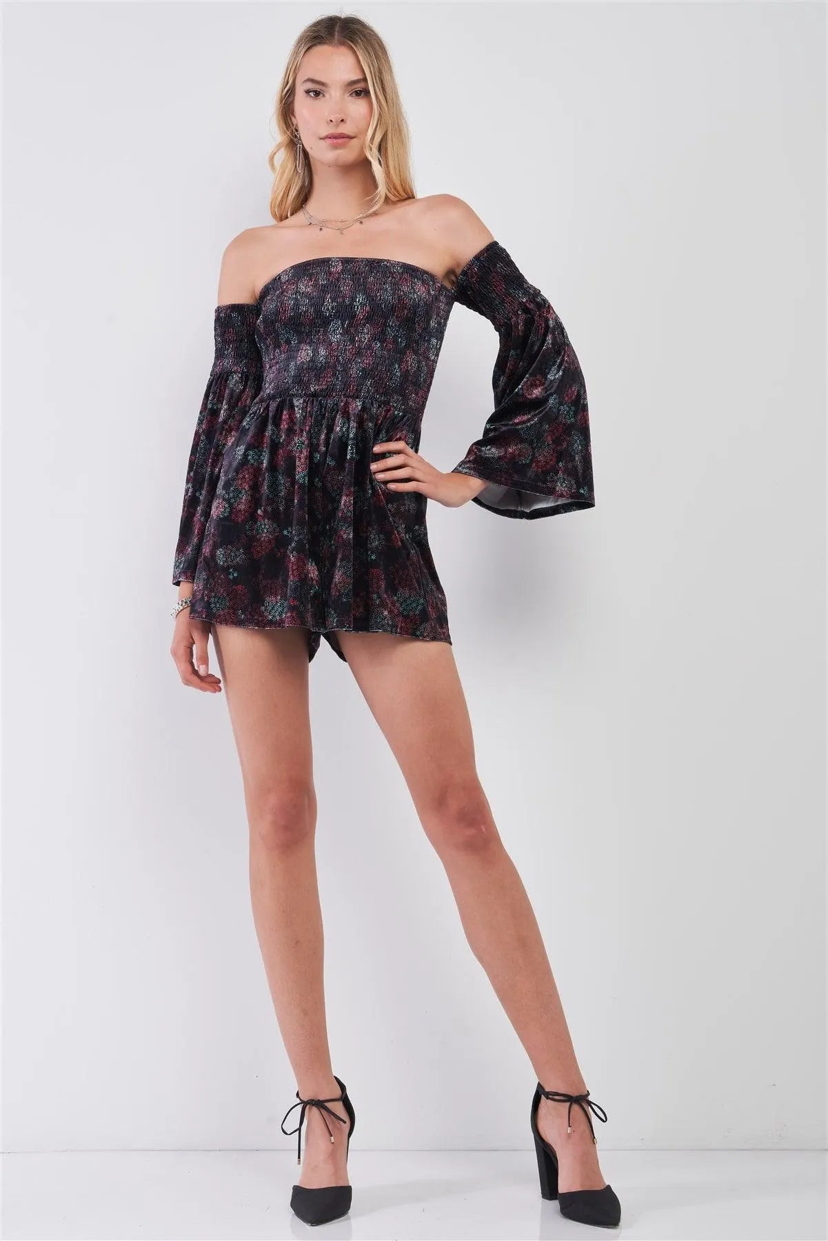 Navy Multi Floral Print Velvet Off-The-Shoulder Long Bell Sleeve Smock Romper /1-2-2-1 - Tasha Apparel Wholesale