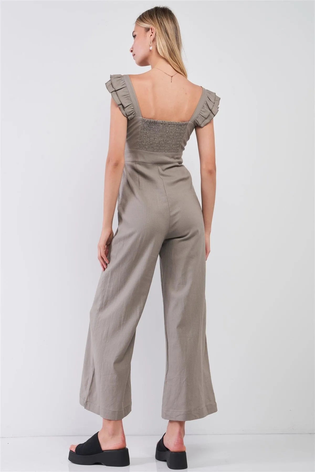 Taupe Linen V-Neck Sleeveless Ruffle Shoulder Detail Wide Leg Jumpsuit /2-2-1 - Tasha Apparel Wholesale