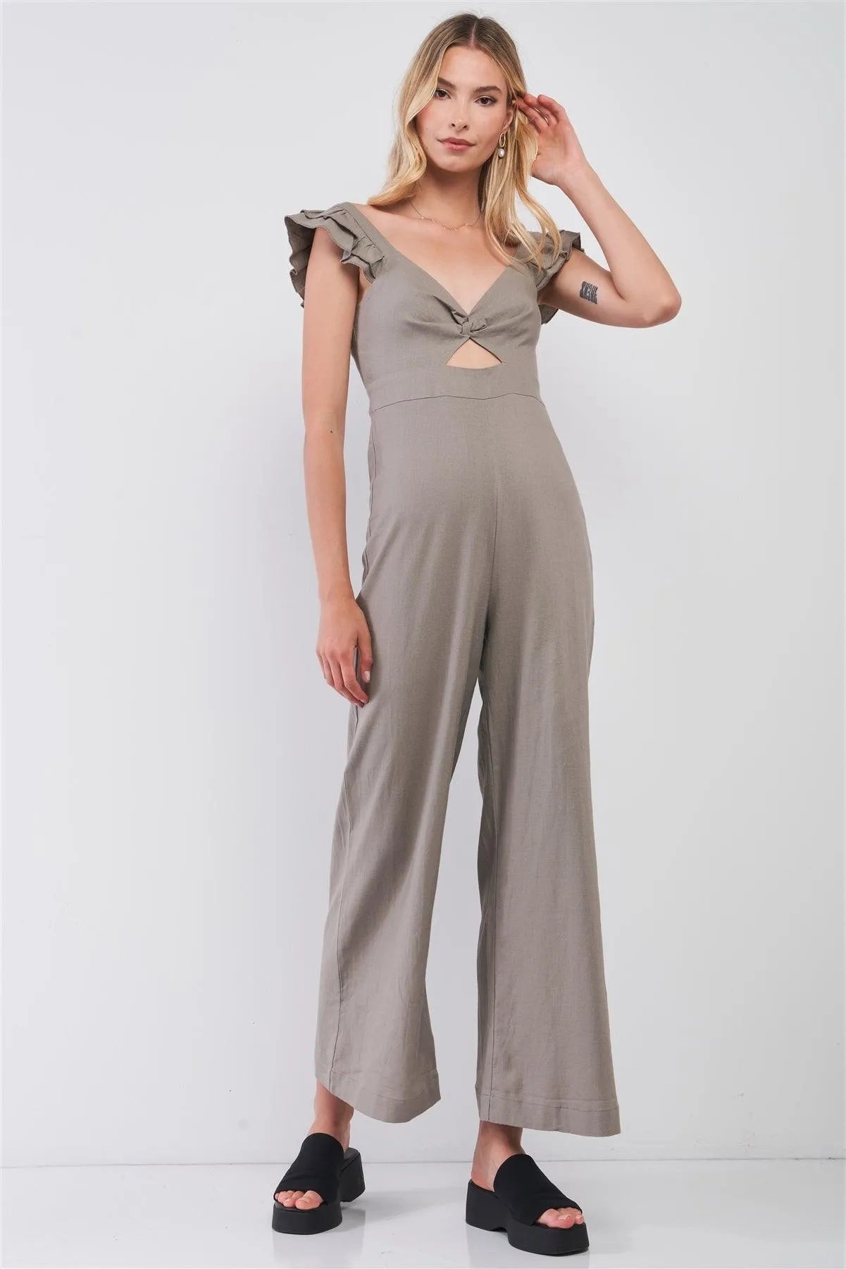 Taupe Linen V-Neck Sleeveless Ruffle Shoulder Detail Wide Leg Jumpsuit /2-2-1 - Tasha Apparel Wholesale