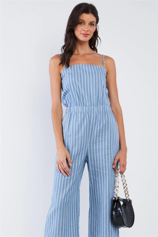 Vacation Vibe Blue And White Striped Sleeveless Stretchy Waistline Smock Back Detail Wide Leg Jumpsuit /1-1-2-1 - Tasha Apparel Wholesale