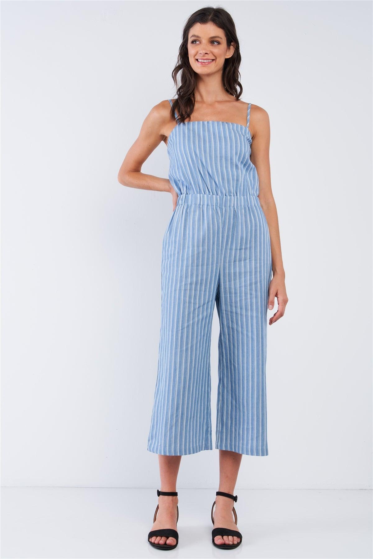 Vacation Vibe Blue And White Striped Sleeveless Stretchy Waistline Smock Back Detail Wide Leg Jumpsuit /1-2-2-1