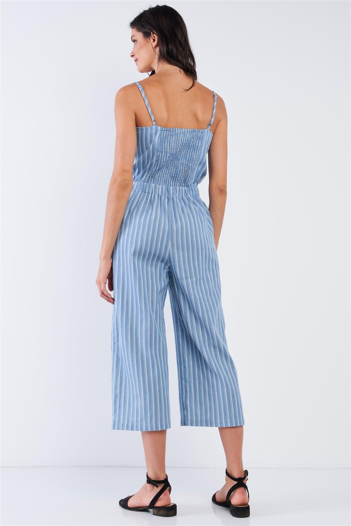 Vacation Vibe Blue And White Striped Sleeveless Stretchy Waistline Smock Back Detail Wide Leg Jumpsuit /1-2-2-1