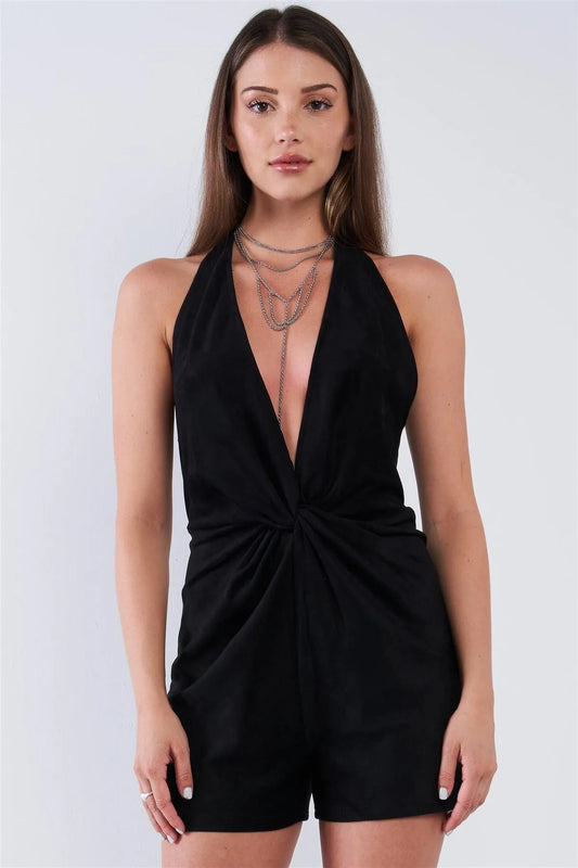 Solid Black Suede Twisted Knot Front Detail Sleeveless Open Back Deep Plunge Halter V-Neckline Romper /1-1-2-1 - Tasha Apparel Wholesale