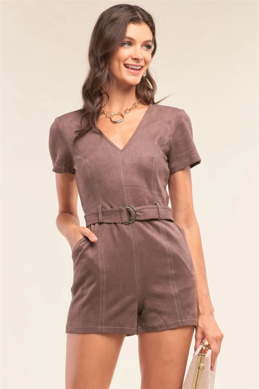 Ash Brown Suede Tight Fit V-Neck Belt Detail Romper /1-2-2-1 - Tasha Apparel Wholesale