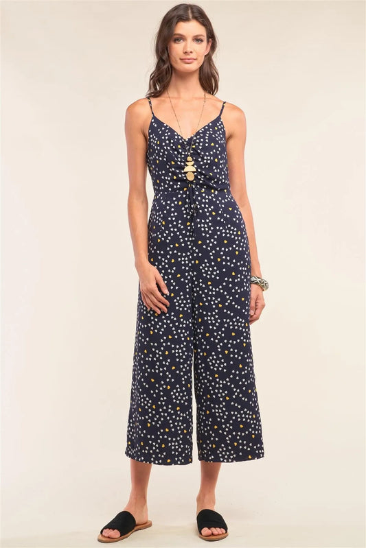 Collecting Hearts Navy Heart Print Sleeveless V-Neck Gathered Chest Draw String Tie Detail Wide Leg Jumpsuit /1-2-2-1 - Tasha Apparel Wholesale