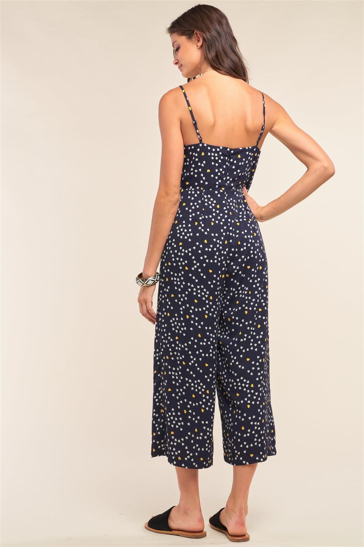 Collecting Hearts Navy Heart Print Sleeveless V-Neck Gathered Chest Draw String Tie Detail Wide Leg Jumpsuit /1-2-2-1