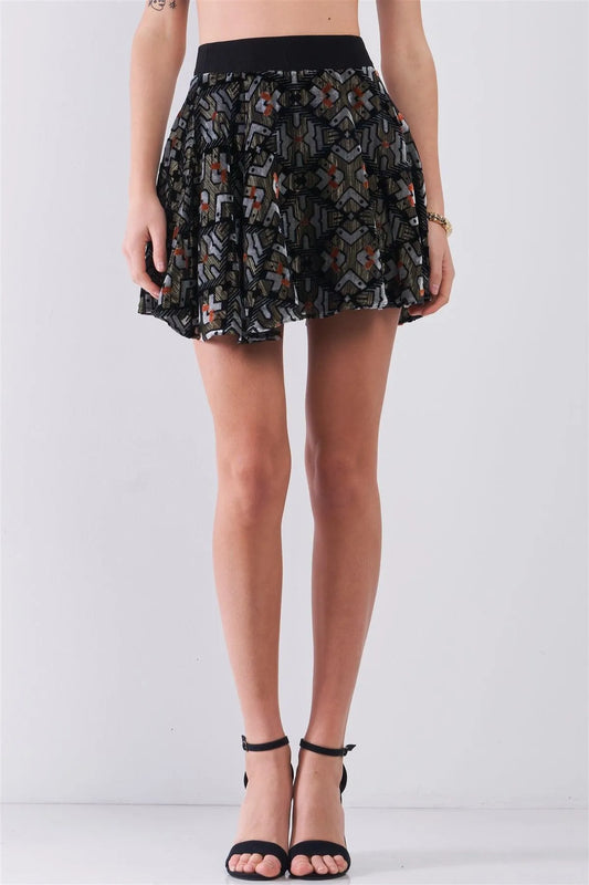 Black Multi Geometric Print Velvet High-Waisted Flare Mini Skirt /1-1-2-1 - Tasha Apparel Wholesale