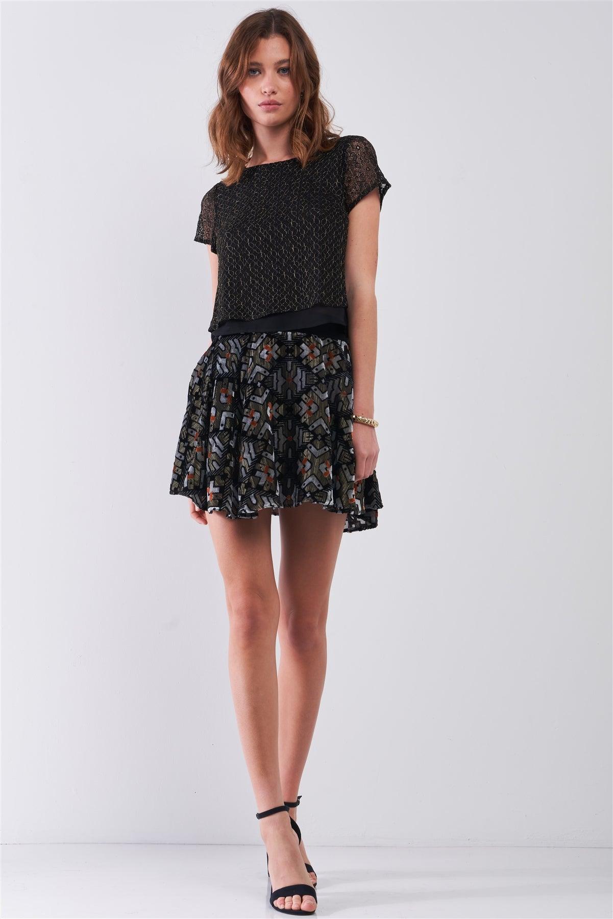 Black Multi Geometric Print Velvet High-Waisted Flare Mini Skirt /1-1-2-1