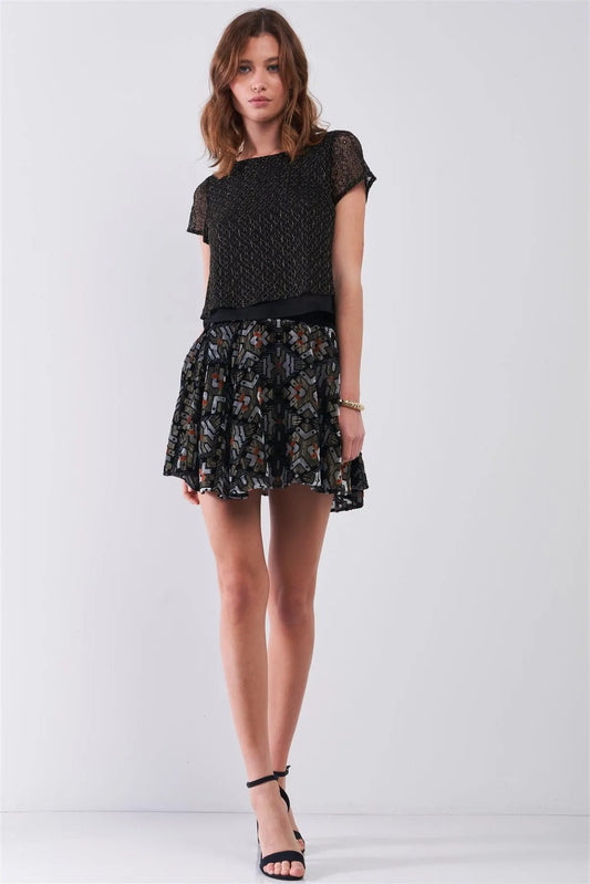 Black Multi Geometric Print Velvet High-Waisted Flare Mini Skirt /1-2-2-1 - Tasha Apparel Wholesale