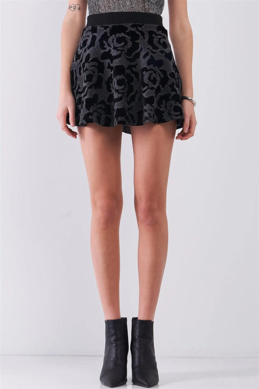 Black & Grey Rose Print Velvet Woolen Ribbed Elasticated Waist Flare Mini Skirt /1-2-2-1 - Tasha Apparel Wholesale
