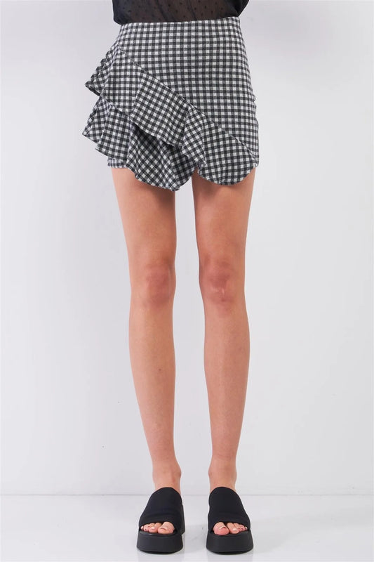 Black & Grey Buffalo Plaid High-Waisted Asymmetrical Ruffle Mini Skirt /2-2-1 - Tasha Apparel Wholesale