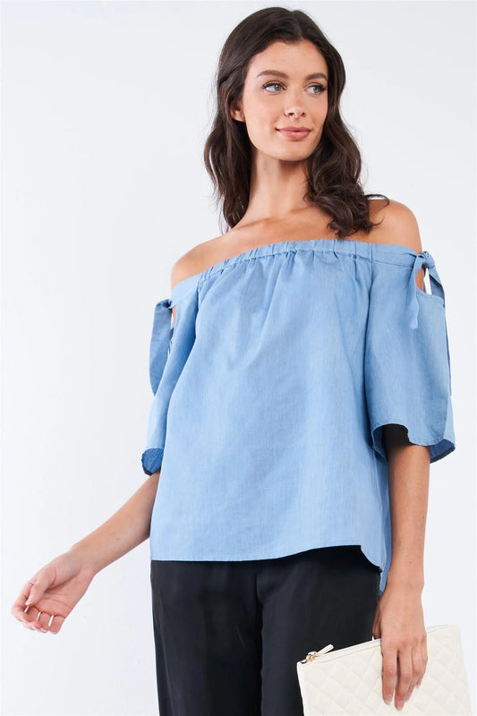 Light Blue Denim Off The Shoulder Mid-Sleeve Knotted Relaxed Fit Top /1-2-2-1 - Tasha Apparel Wholesale