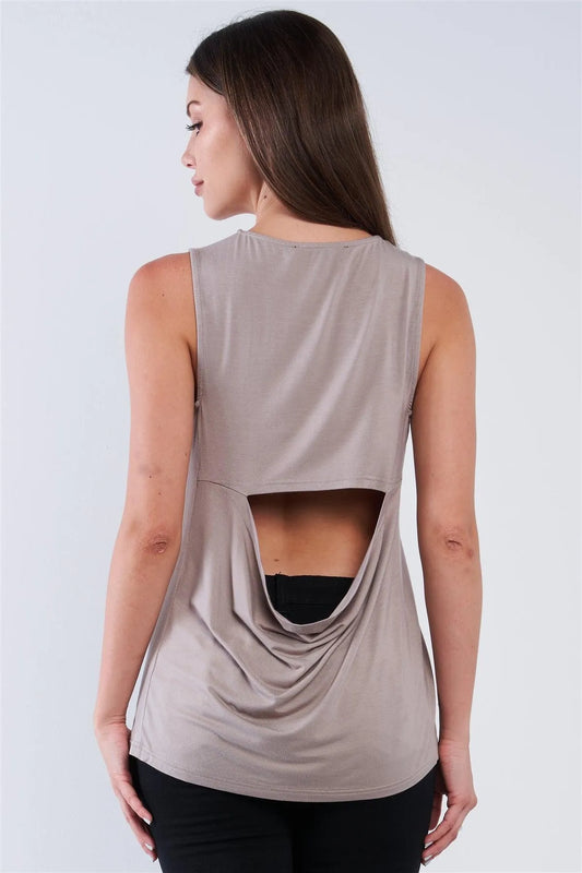 Taupe Grey Cut Out Back Relaxed Fit Crew-Neck Sleeveless Casual Tunic Top /1-2-2-1 - Tasha Apparel Wholesale