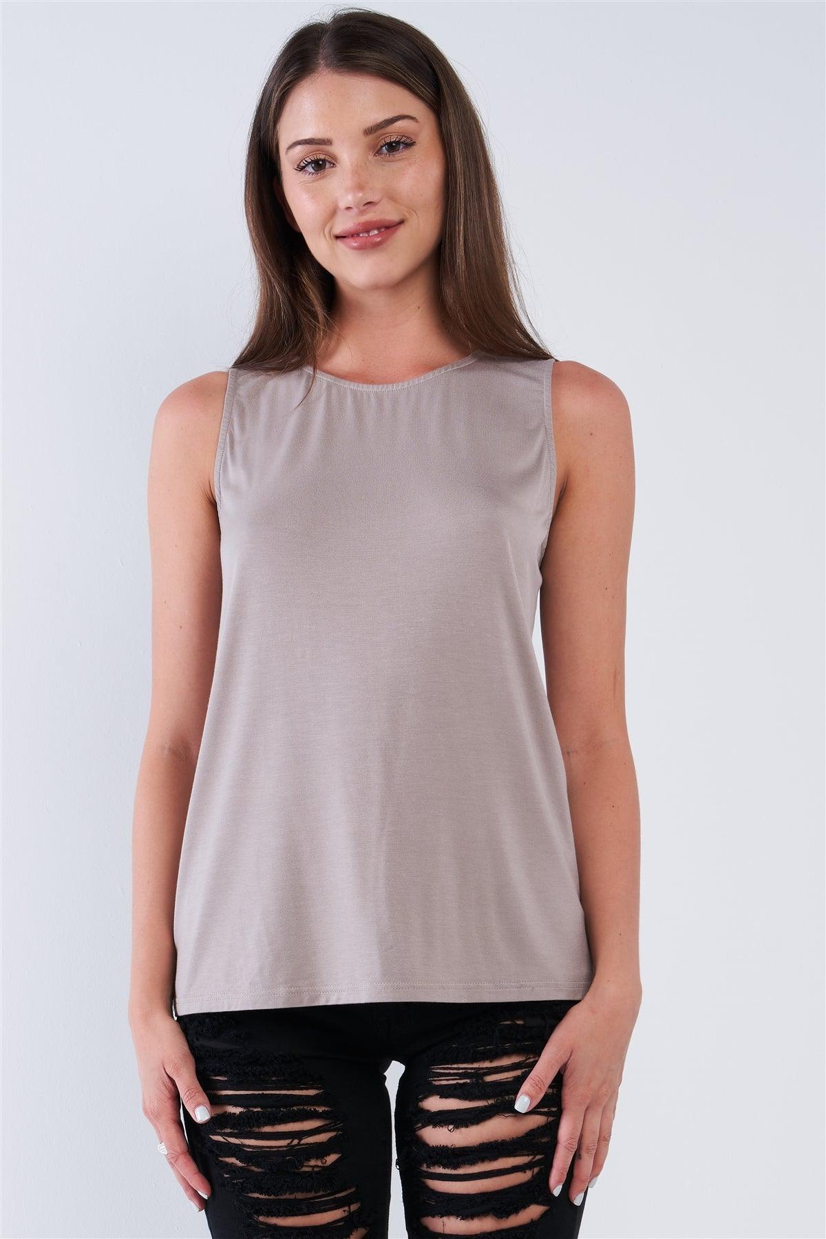 Taupe Grey Cut Out Back Relaxed Fit Crew-Neck Sleeveless Casual Tunic Top /1-2-2-1