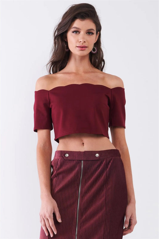 Burgundy Scallop Hem Off-The-Shoulder Short Sleeve Cropped Top /1-1-2-1 - Tasha Apparel Wholesale