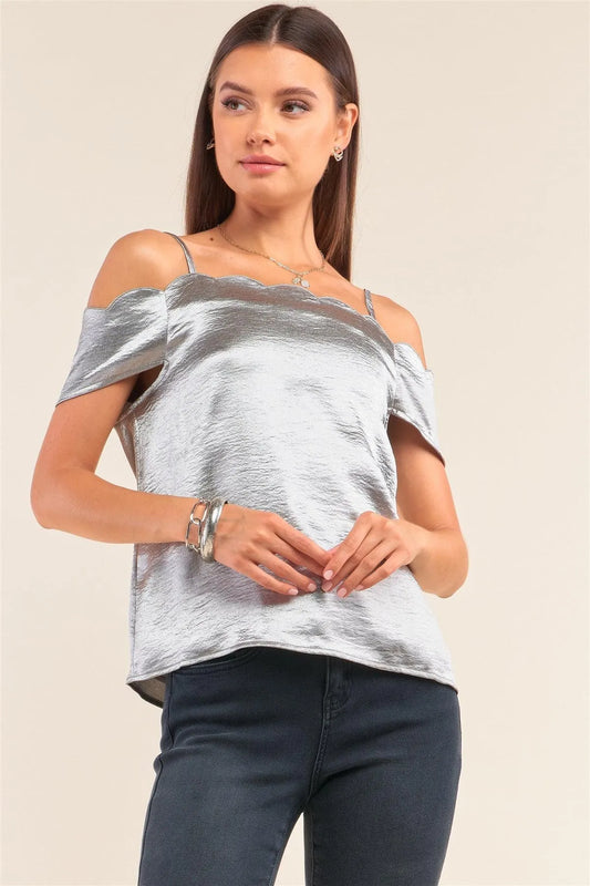 Metallic Silver Satin Off-The-Shoulder Scallop Hem Babydoll Top /1-2-2-1 - Tasha Apparel Wholesale