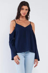 Navy Blue Relaxed Fit V-Neck Off-The-Shoulder Long Trumpet Sleeve Top /2-1-2 - Tasha Apparel Wholesale